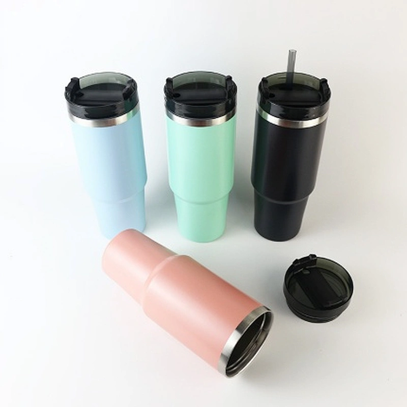 30 OZ 900 ML double wall stainless steel vacuum insulated thermos mug with plastic lid and straw